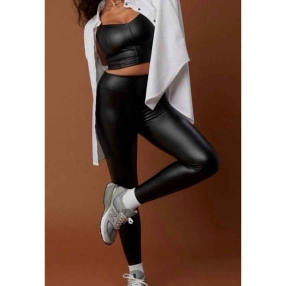 OFFLINE by Aerie Real Luxe Faux Leather Leggings Black High Rise Shiny Stretch S
